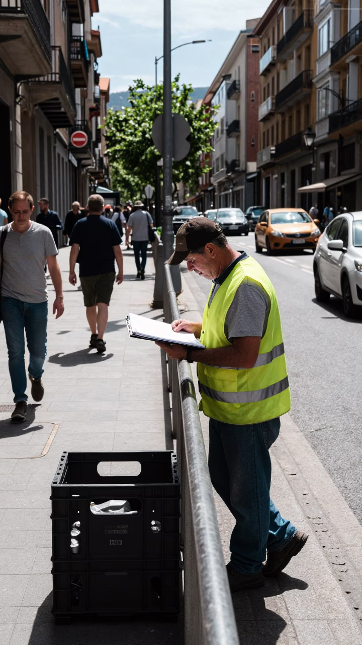 Busy Bilbao Spain Midday Street Scene with Cargo Crate and Ledger on Sidewalk in in Bilbao, Spain