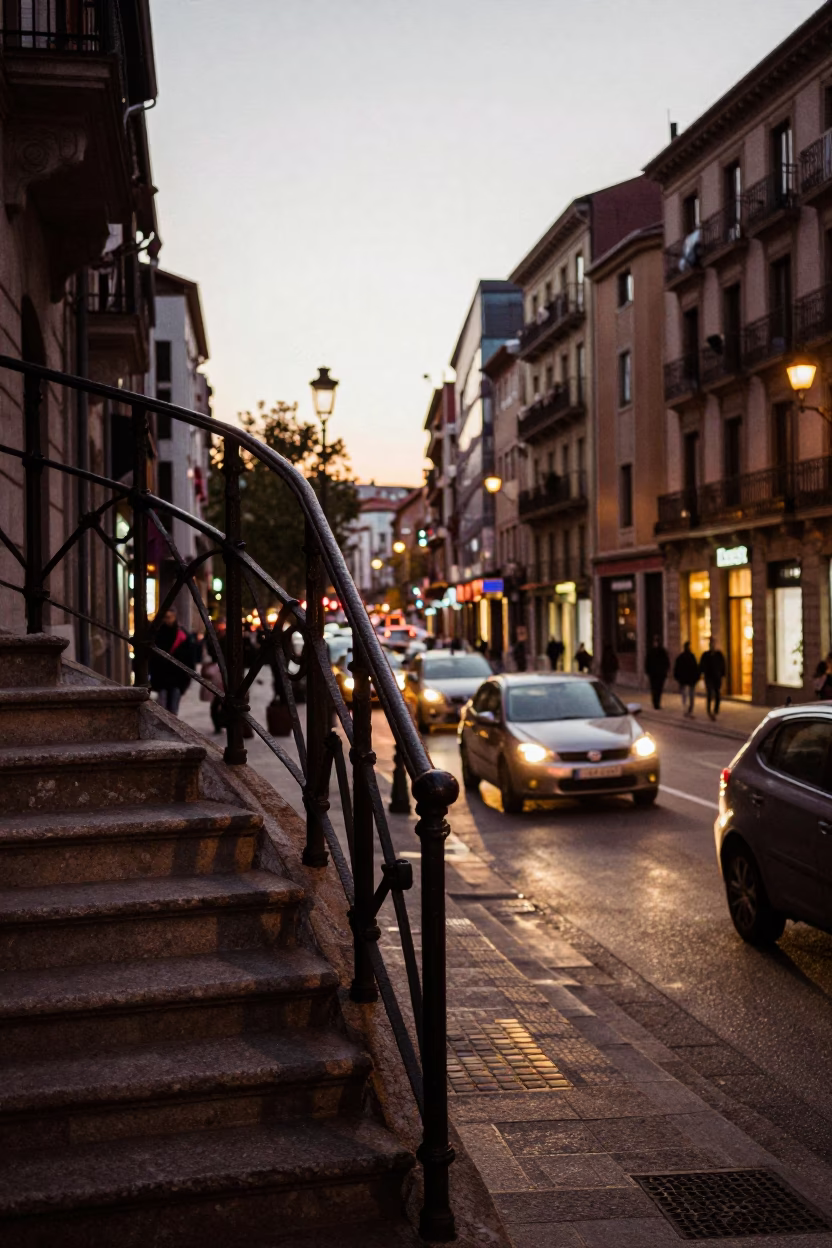 Busy Bilbao Spain street scene at dawn with stair rail and local market activity in in Bilbao, Spain