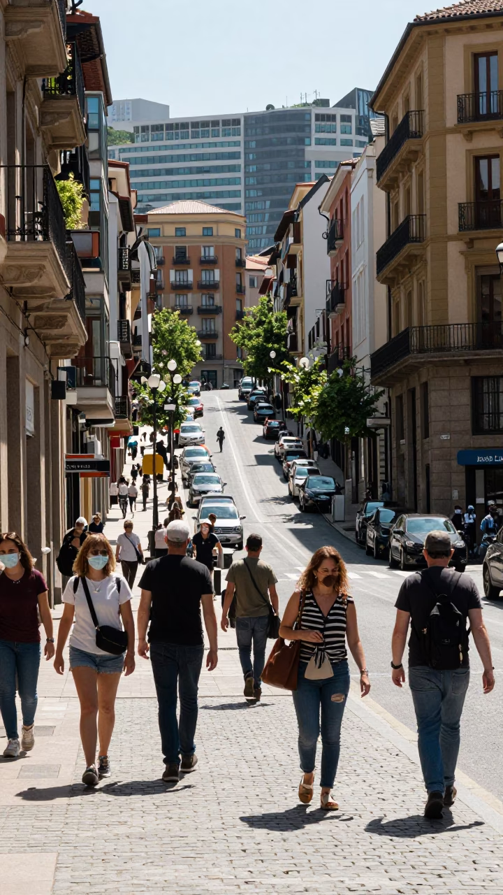 Busy Bilbao Spain Street Scene Under Flat Noon Light with Funicular Climbing Steep Hill in in Bilbao, Spain