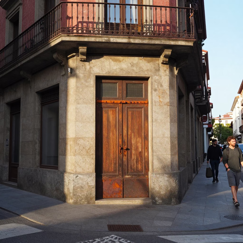 Busy Bilbao Street Corner Late Morning with Rusty Hinges and Red Tomatoes in in Bilbao, Spain