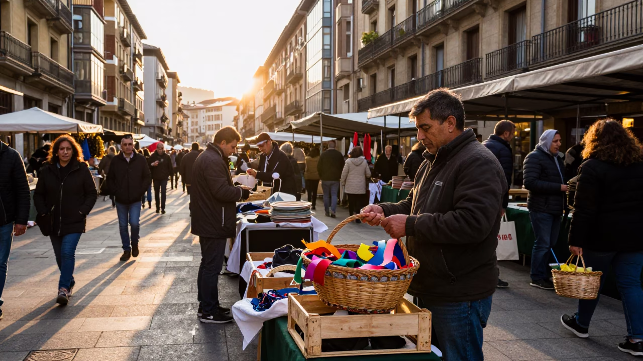 Busy Bilbao Street Market Morning with Mending Basket and Sunlight on Bucket in Spain in in Bilbao, Spain