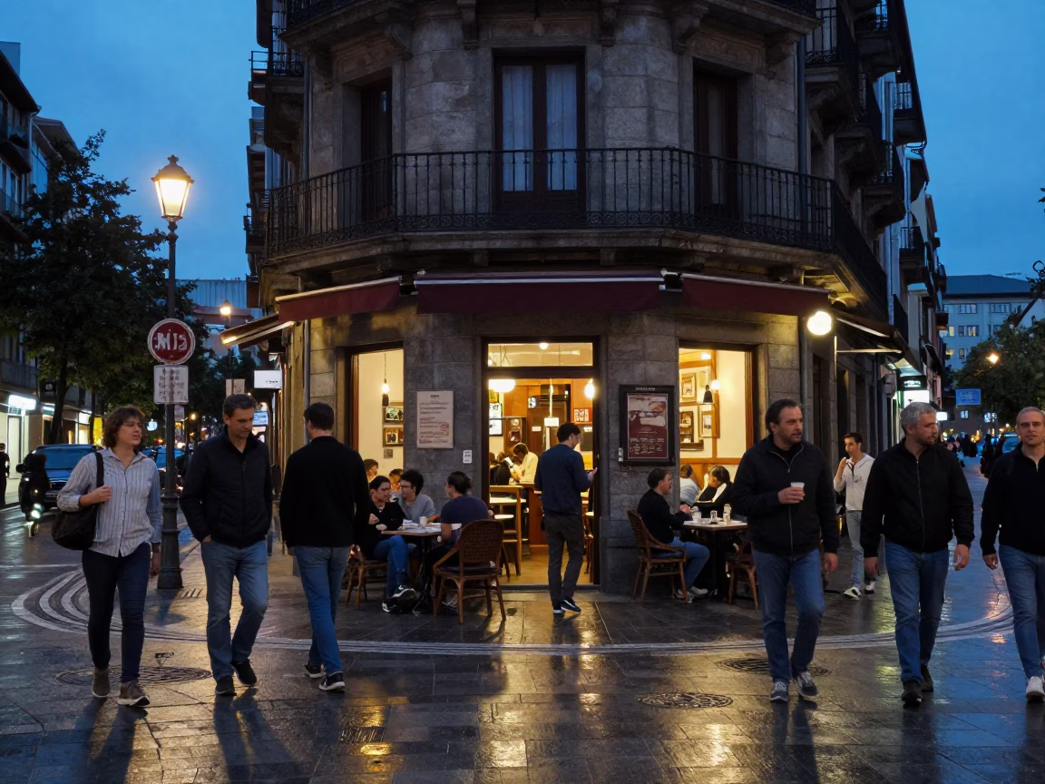 Busy Bilbao Street Scene at Blue Hour with Coffee Shop Activity in in Bilbao, Spain