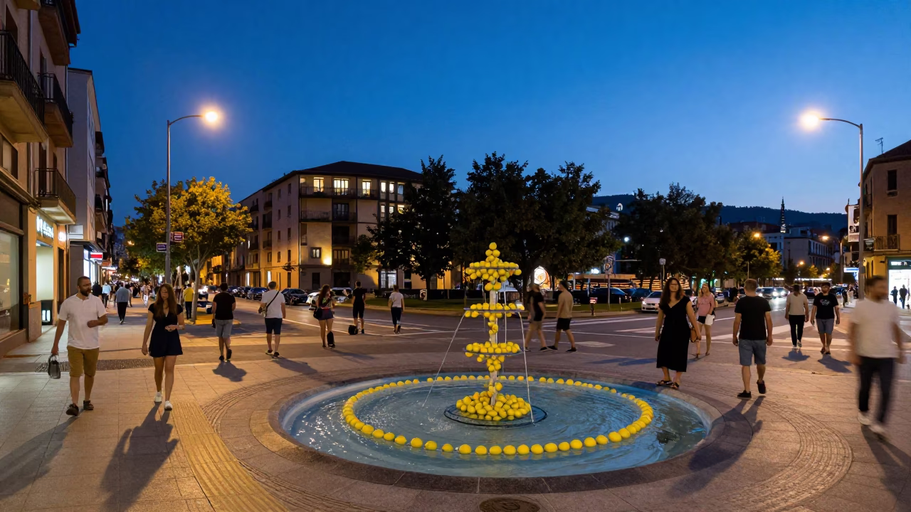 Busy Bilbao Street Scene at Blue Hour with Lemons and Water Rings in in Bilbao, Spain