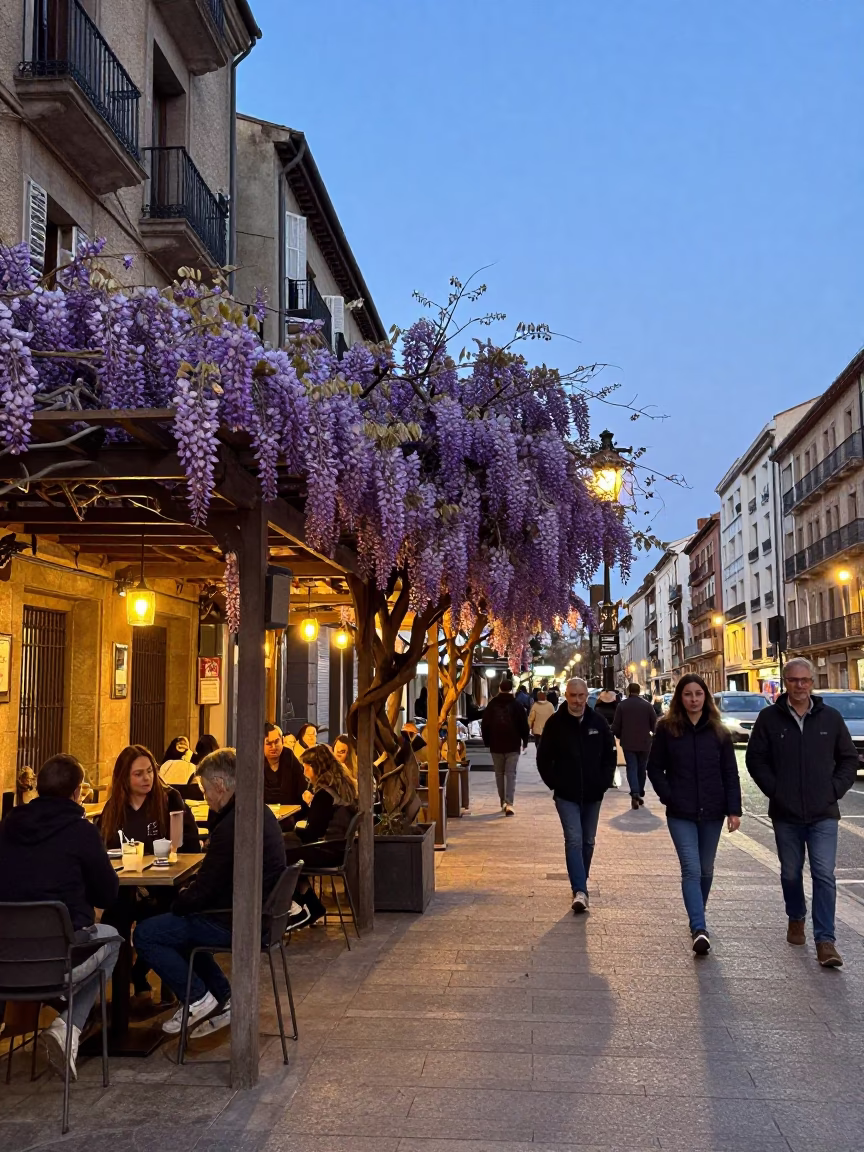Busy Bilbao Street Scene at Dawn with Wisteria and Brass Coffee Pot in in Bilbao, Spain