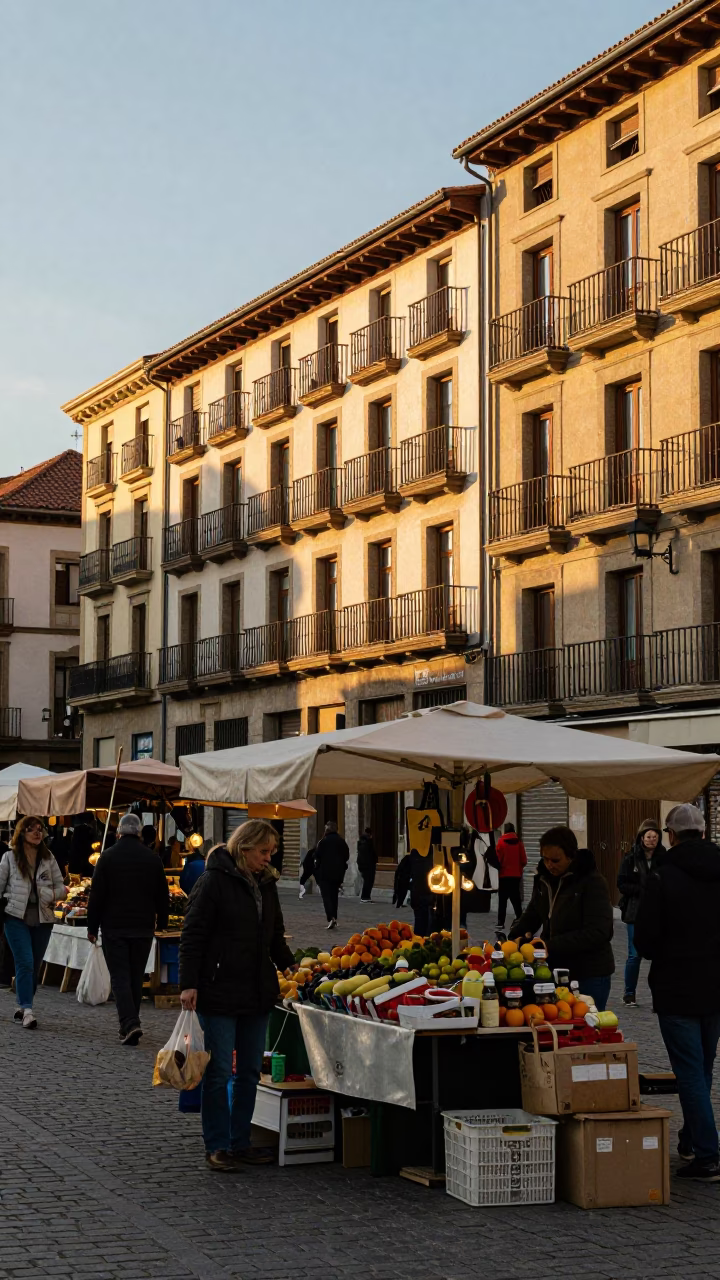 Busy Bilbao Street Scene at Golden Hour with Traditional Basque Market Produce in in Bilbao, Spain