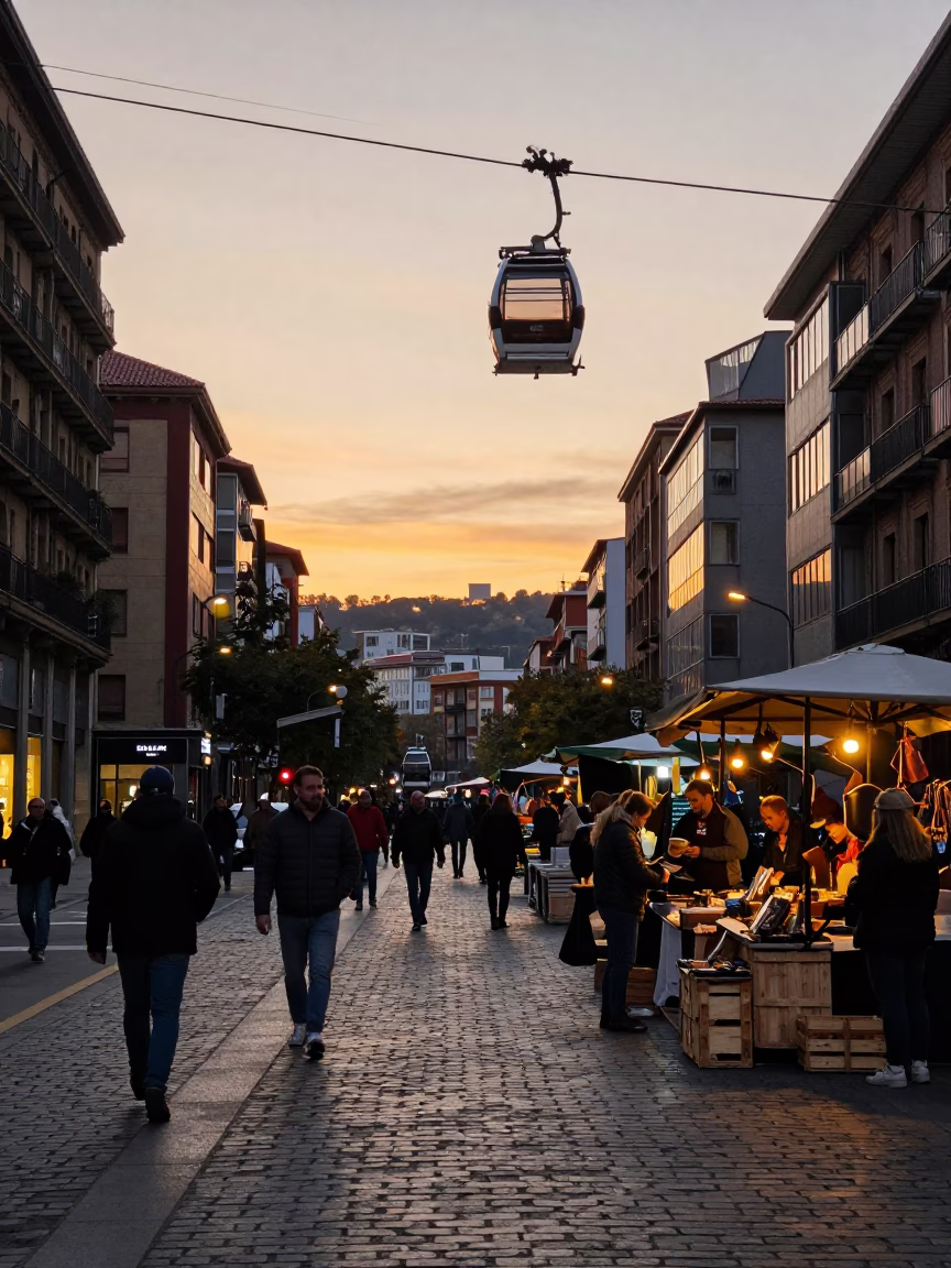 Busy Bilbao Street Scene at Sunset with Gondola Lift and Local Market Activity in in Bilbao, Spain