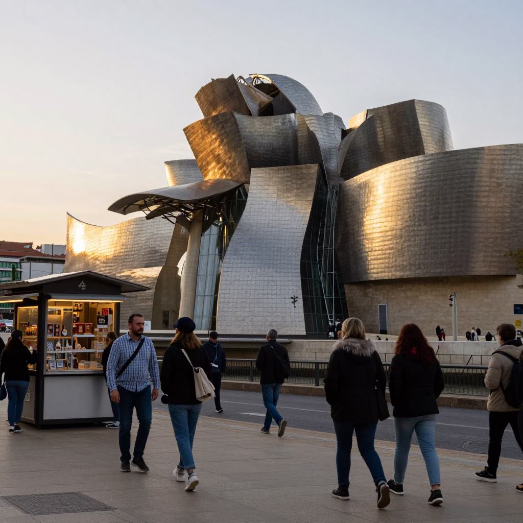 Busy Bilbao street scene at sunset with Guggenheim Museum and local pedestrians in in Bilbao, Spain