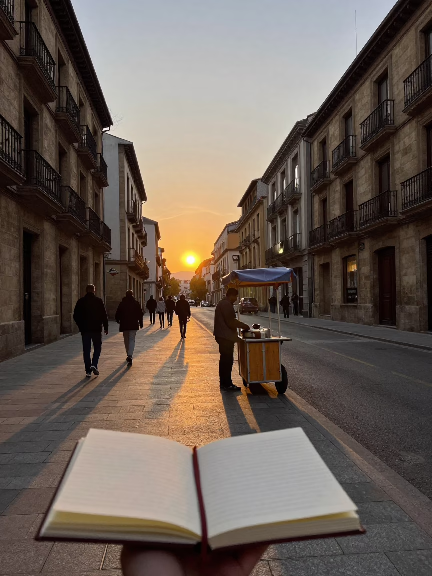 Busy Bilbao Street Scene at Sunset with Notebook and Watering Jug in in Bilbao, Spain