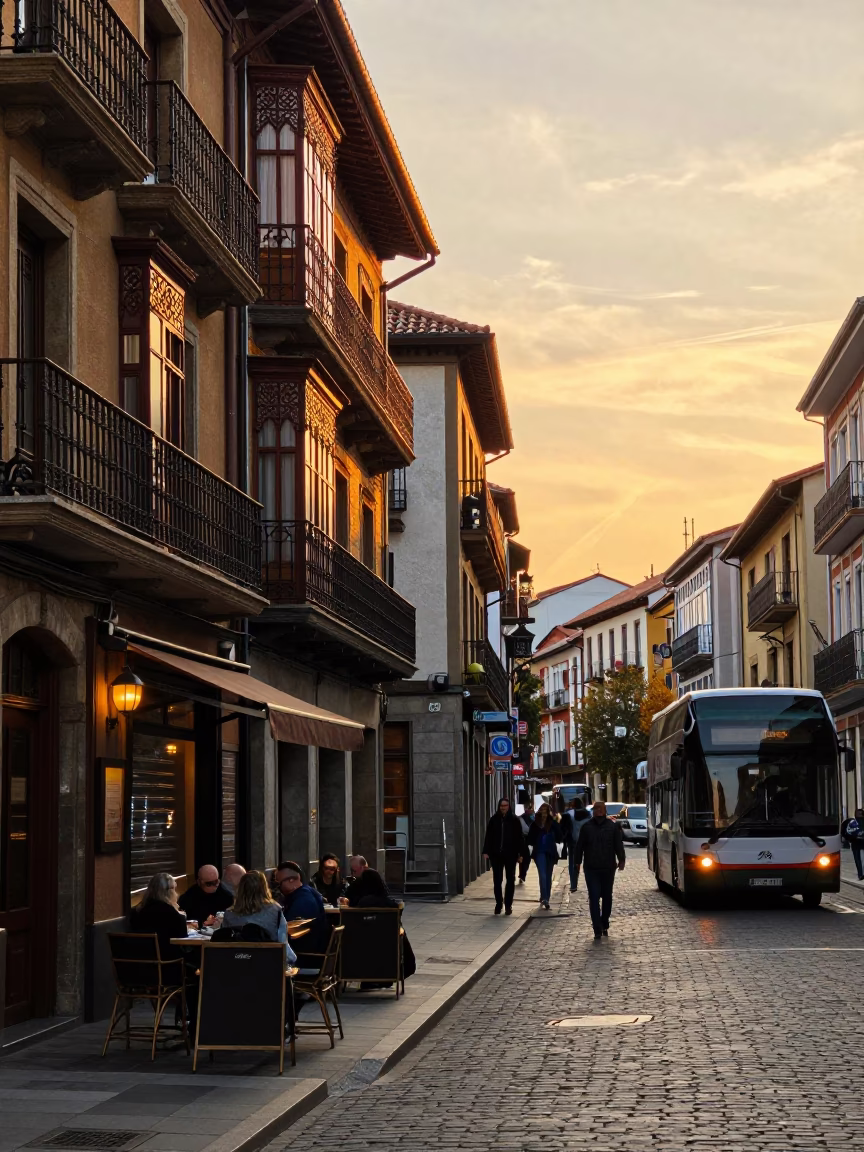 Busy Bilbao Street Scene at Sunset with Traditional Architecture and Local Life in in Bilbao, Spain