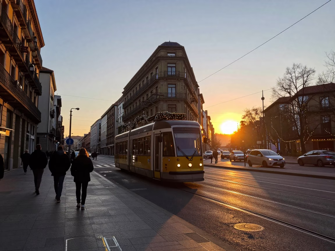Busy Bilbao street scene at sunset with tram and pedestrians in Spain in in Bilbao, Spain