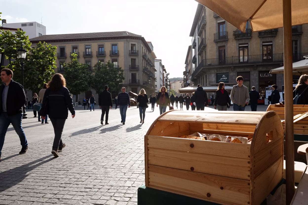 Busy Bilbao Street Scene Early Afternoon with Breadbox and Coal Scuttle in Spanish Plaza in in Bilbao, Spain