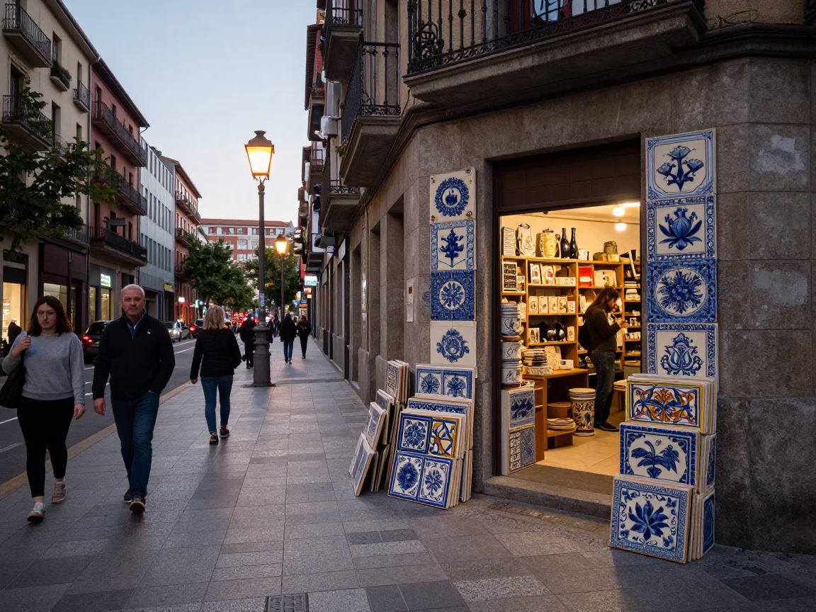 Busy Bilbao Street Scene Early Evening with Ceramic Tiles and Local Life in in Bilbao, Spain