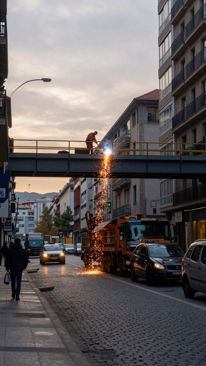 Busy Bilbao Street Scene Just After Sunrise with Construction and Urban Life in in Bilbao, Spain