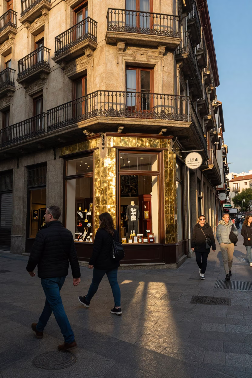 Busy Bilbao Street Scene Late Afternoon Light with Local Life in in Bilbao, Spain
