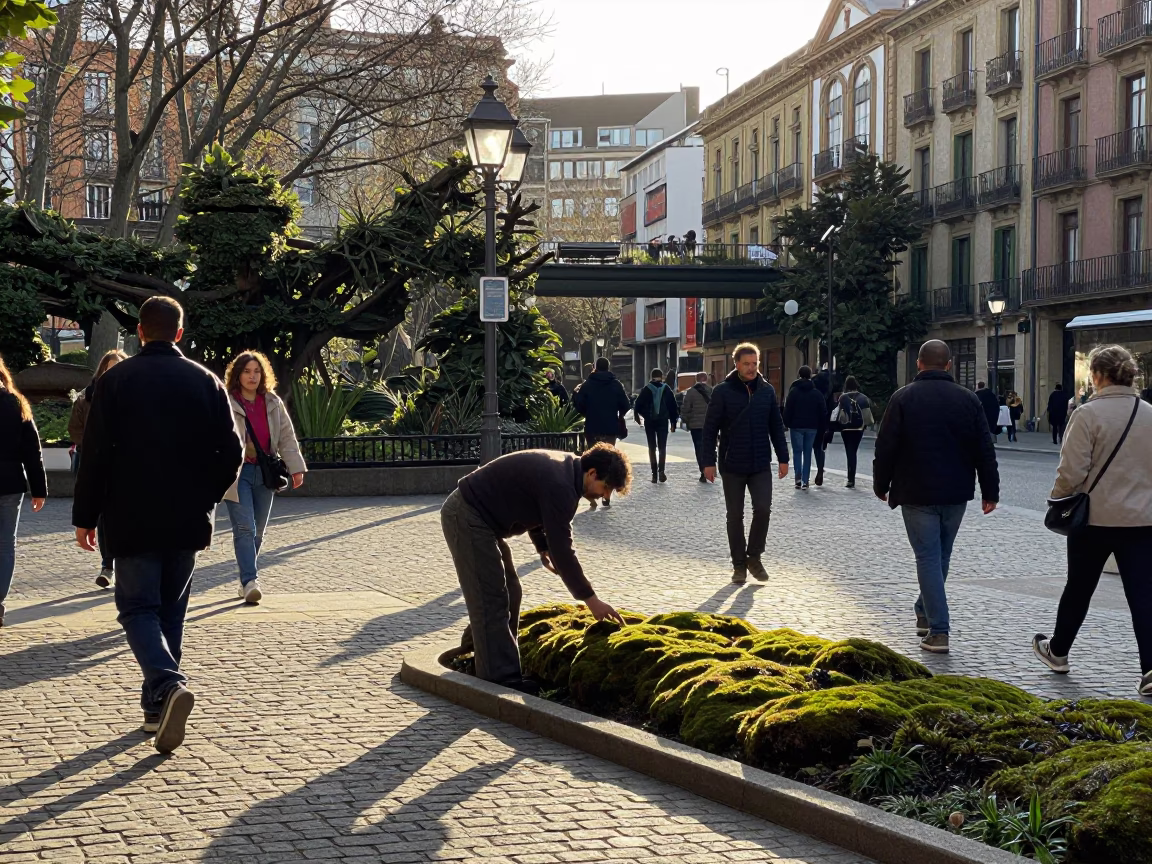 Busy Bilbao Street Scene Late Afternoon with Moss Garden and Gardener in in Bilbao, Spain