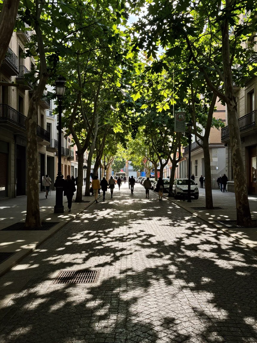 Busy Bilbao Street Scene Late Morning with Leaf Shadows and Local Life in in Bilbao, Spain