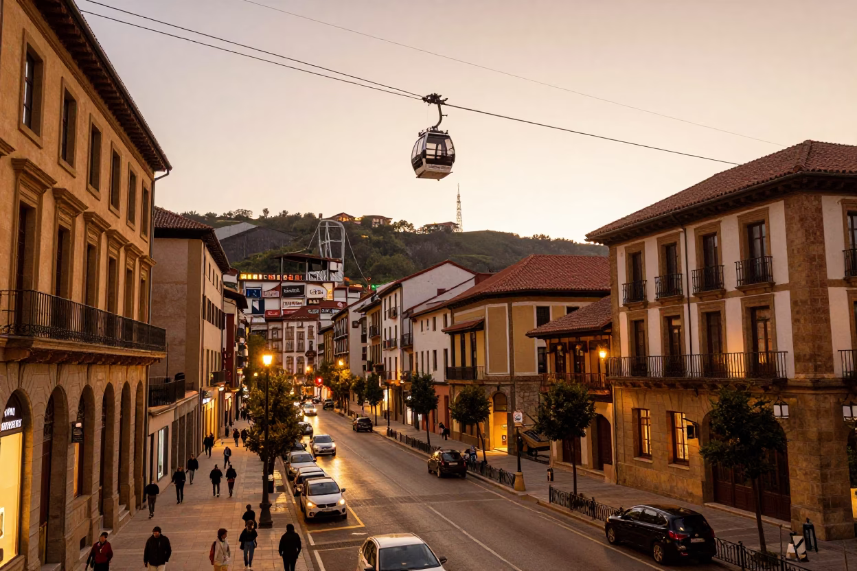 Busy Bilbao Street Scene with Aerial Tramway and Traditional Architecture in Honeyed Evening Light in in Bilbao, Spain