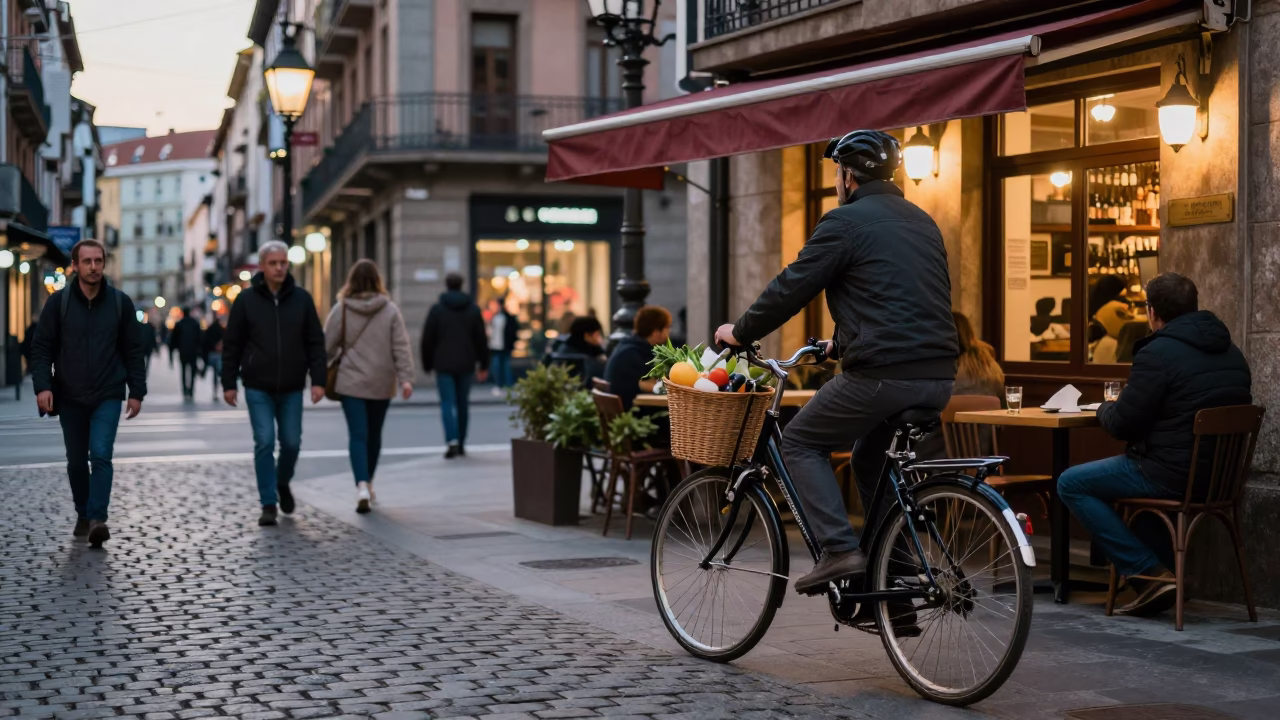 Busy Bilbao Street Scene with Bicycle Basket and Evening Light in in Bilbao, Spain