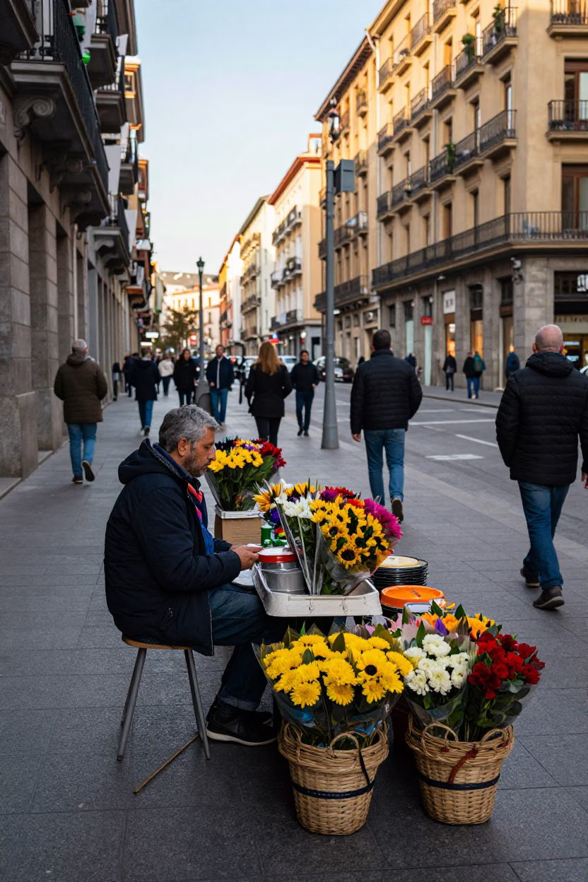 Busy Bilbao Street Scene with Colorful Flower Vendor and Vintage 1960s Atmosphere in in Bilbao, Spain