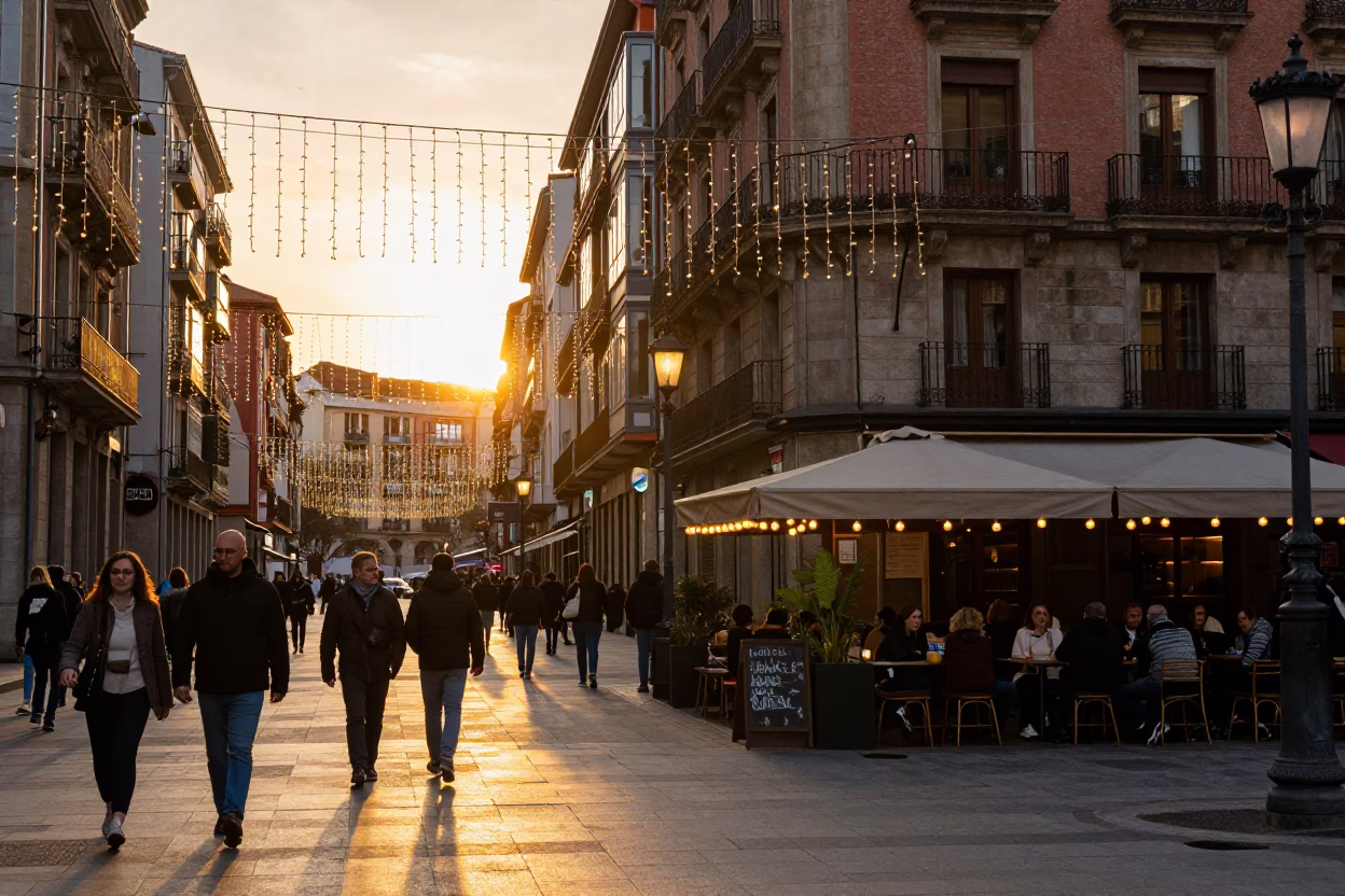 Busy Bilbao street scene with locals and string lights in in Bilbao, Spain