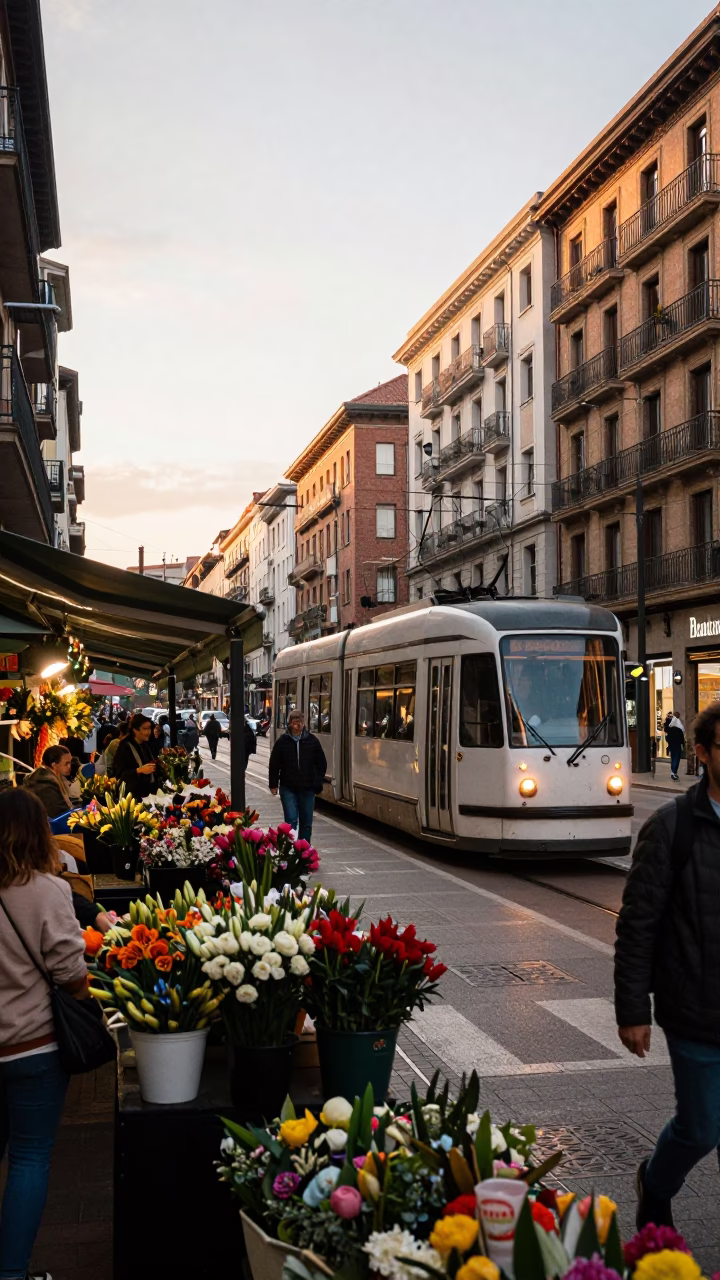 Busy Bilbao street scene with tram at flower market stop in early morning light in in Bilbao, Spain