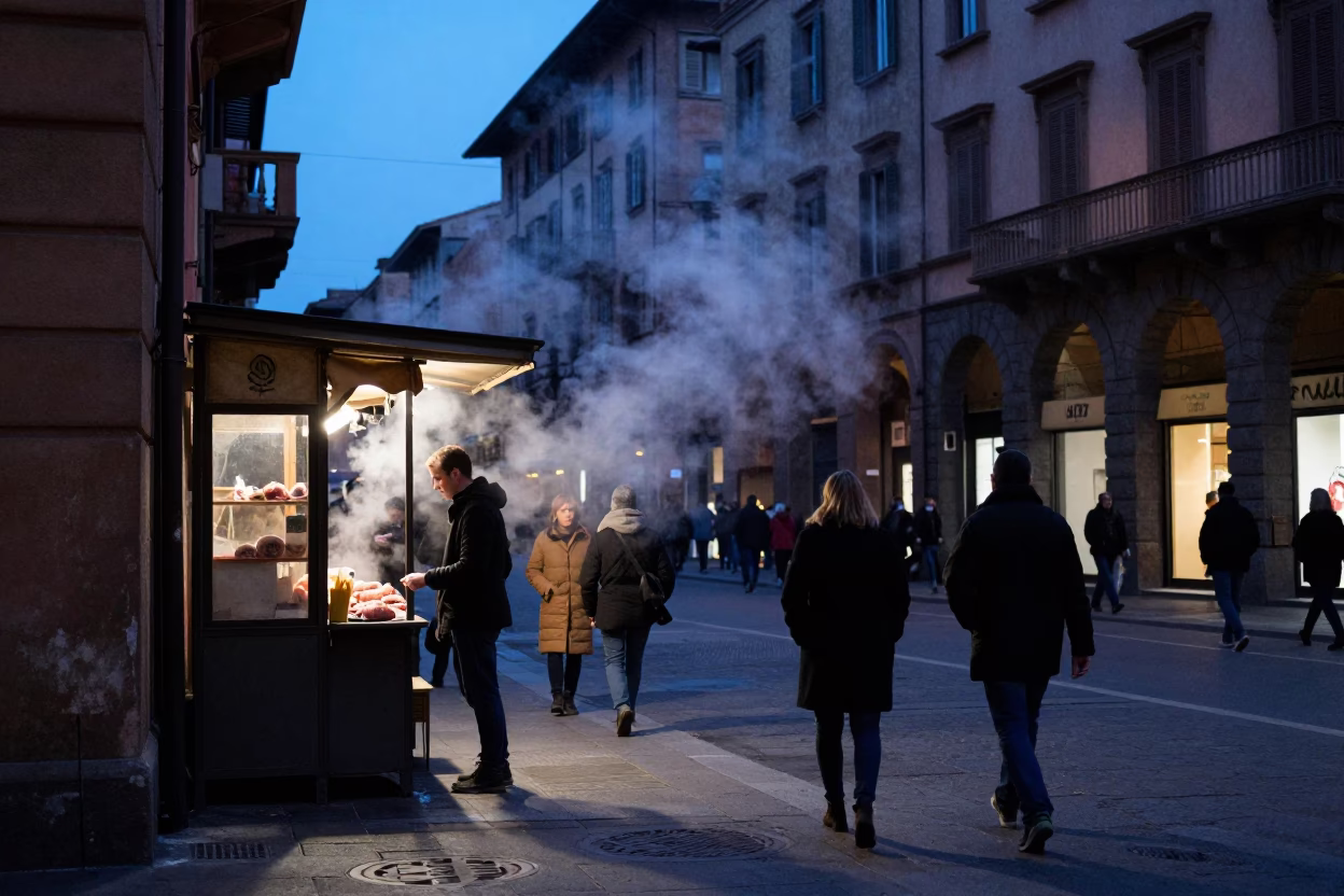 Busy Bologna Evening Street Scene with Steaming Heating Pipes and Local Life in in Bologna, Italy