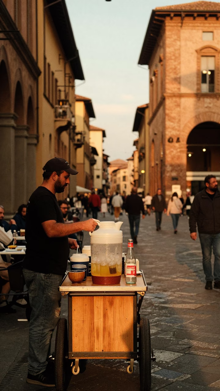 Busy Bologna Evening Street Scene with Vintage Cooler Jug and Local Interaction in in Bologna, Italy