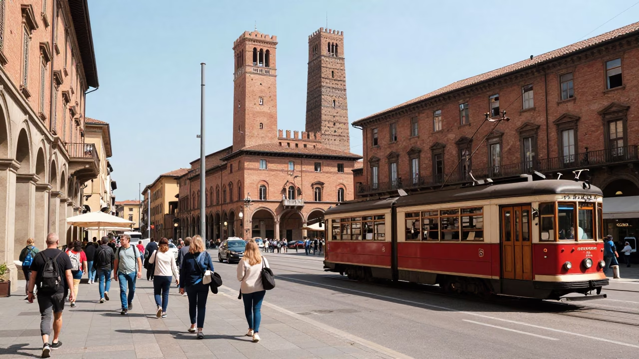 Busy Bologna Italy Midday Street Scene with Heritage Tram and Cobblestone Avenue in in Bologna, Italy