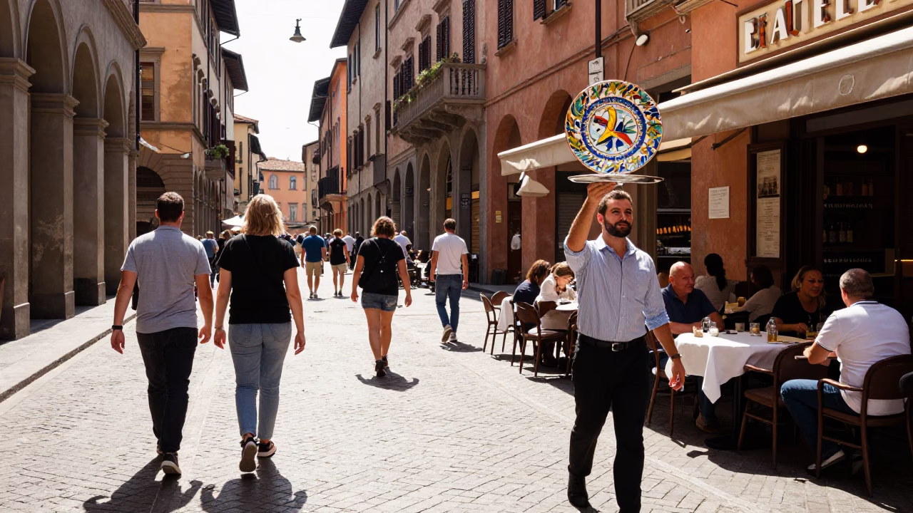Busy Bologna Italy midday street scene with vintage majolica plate and university arcade columns in in Bologna, Italy