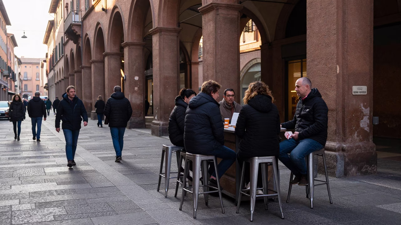 Busy Bologna Italy Morning Street Scene with Metal Stools and Local Life in in Bologna, Italy