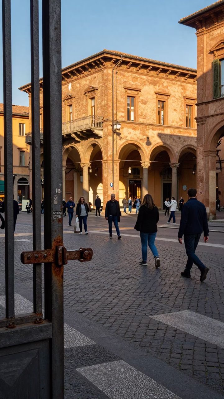 Busy Bologna Italy Street Scene Late Afternoon Light with Vintage Details in in Bologna, Italy