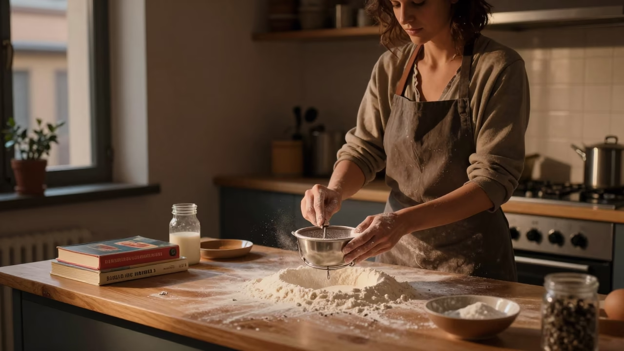 Busy Bologna Kitchen Evening with Flour Sifter and Cookbooks in in Bologna, Italy