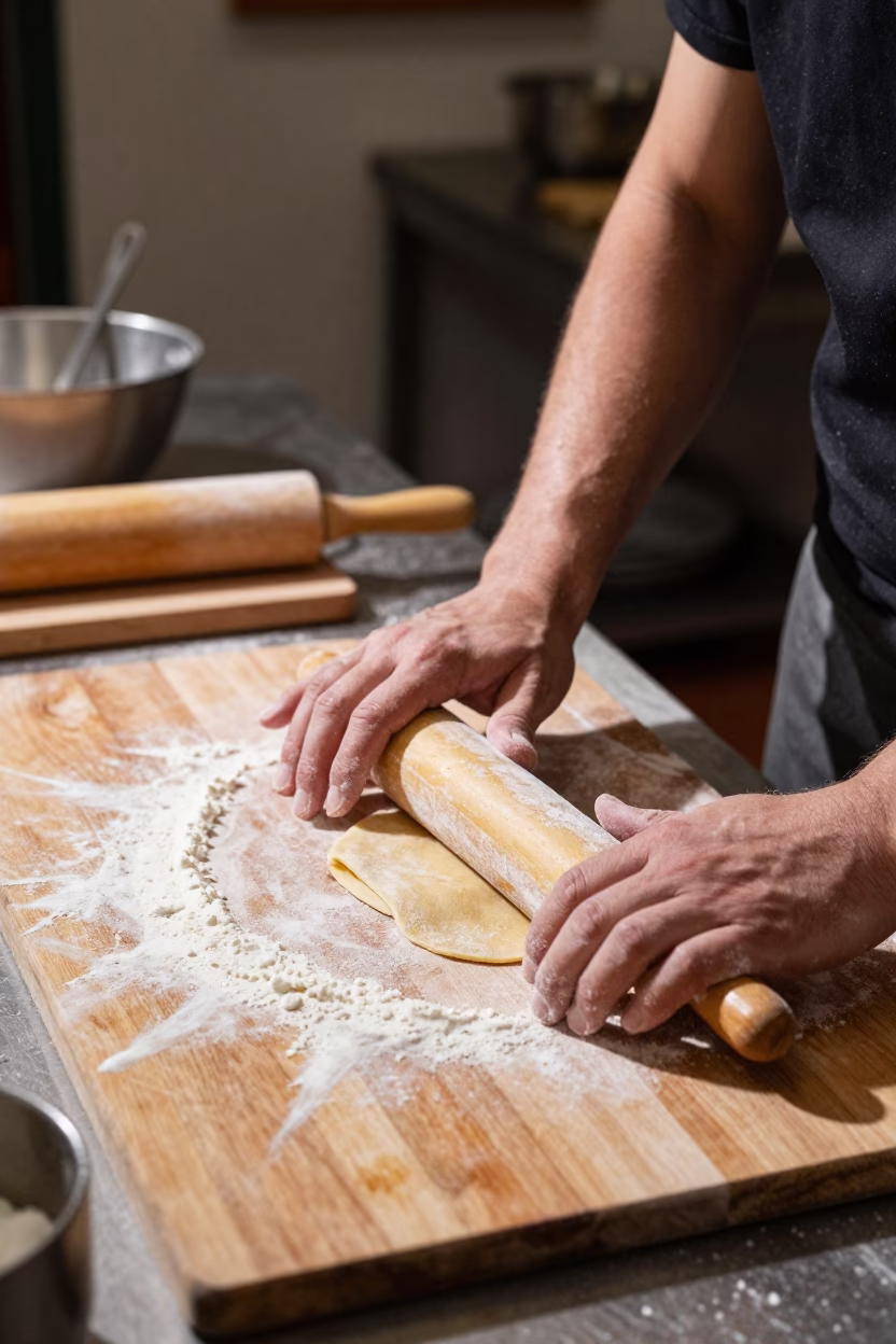 Busy Bologna Kitchen Noon Fresh Pasta Hand Rolling Brushed Steel and Rust in in Bologna, Italy