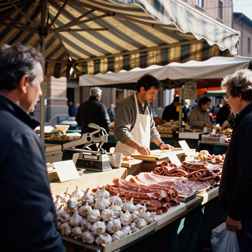 Busy Bologna Market Stall Late Morning with Garlic Press and Spice Tins in in Bologna, Italy