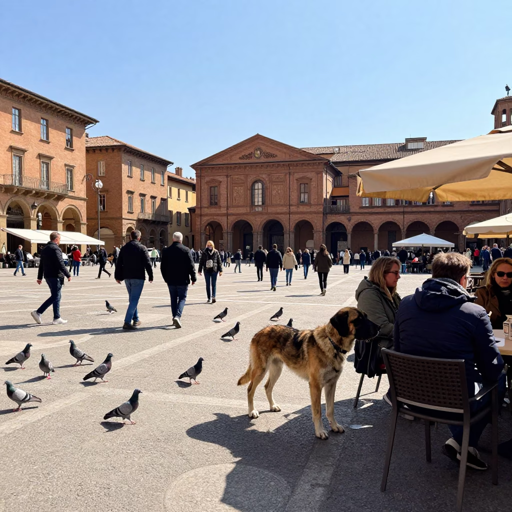 Busy Bologna Piazza noon light pigeons and Spinone Italiano in in Bologna, Italy