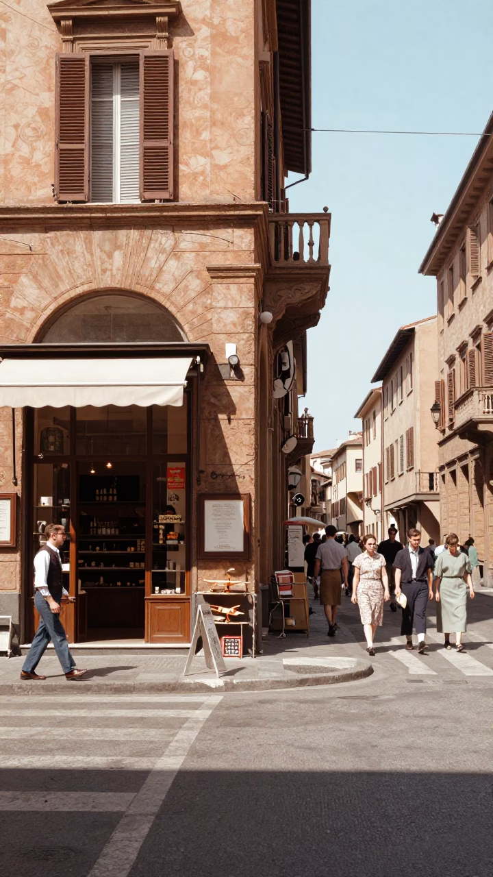 Busy Bologna Street Corner 1950s Midmorning Light with Vintage Shop Display in in Bologna, Italy