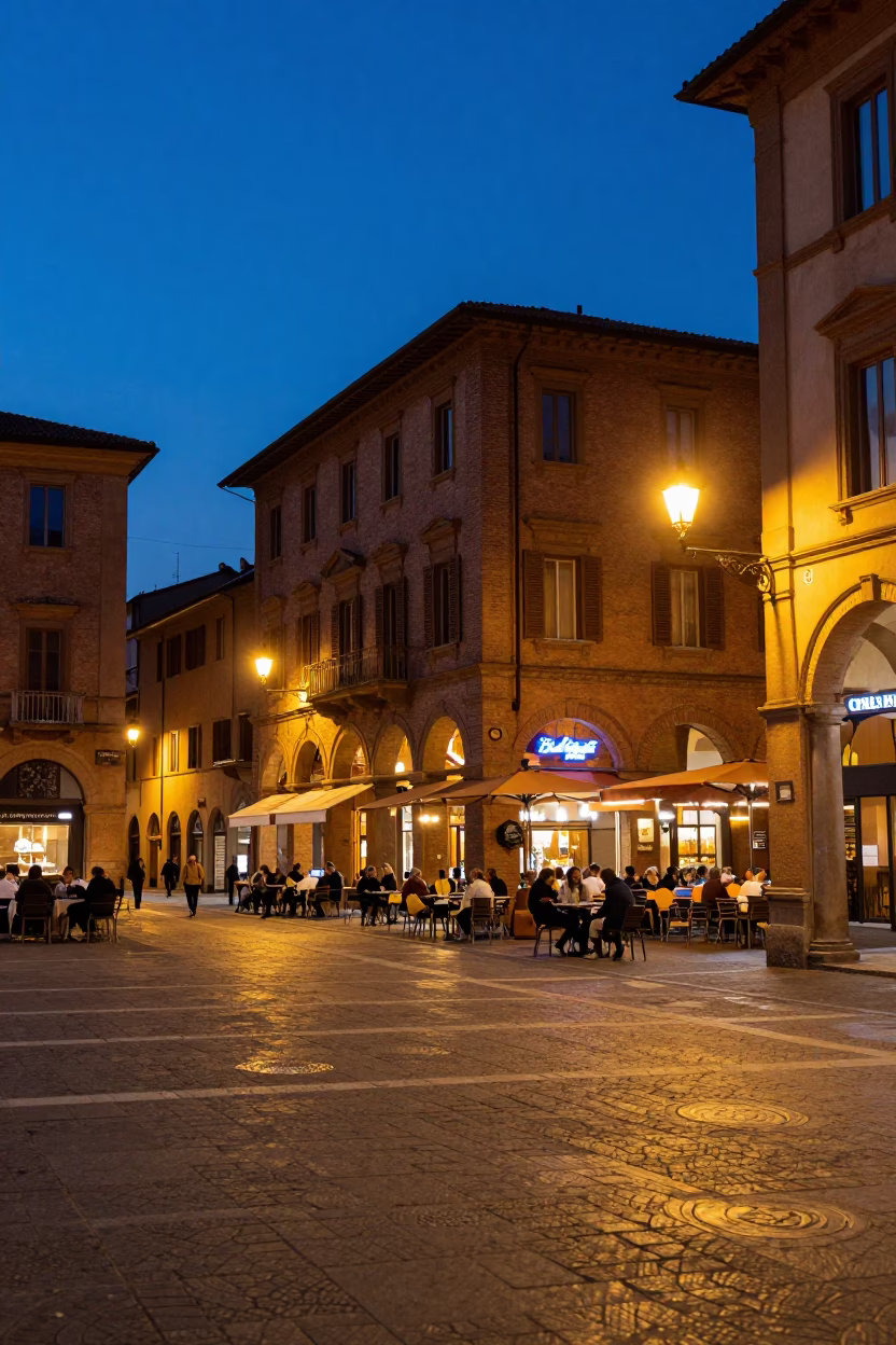 Busy Bologna Street Corner at Blue Hour with Local Diners and Traditional Cannoli Dessert in in Bologna, Italy