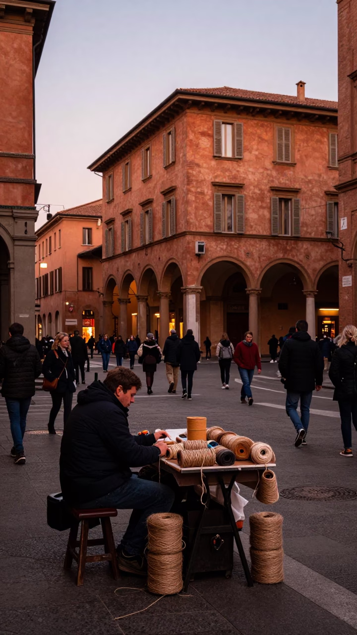 Busy Bologna Street Corner at Dusk with Twine Fibers and Local Life in in Bologna, Italy