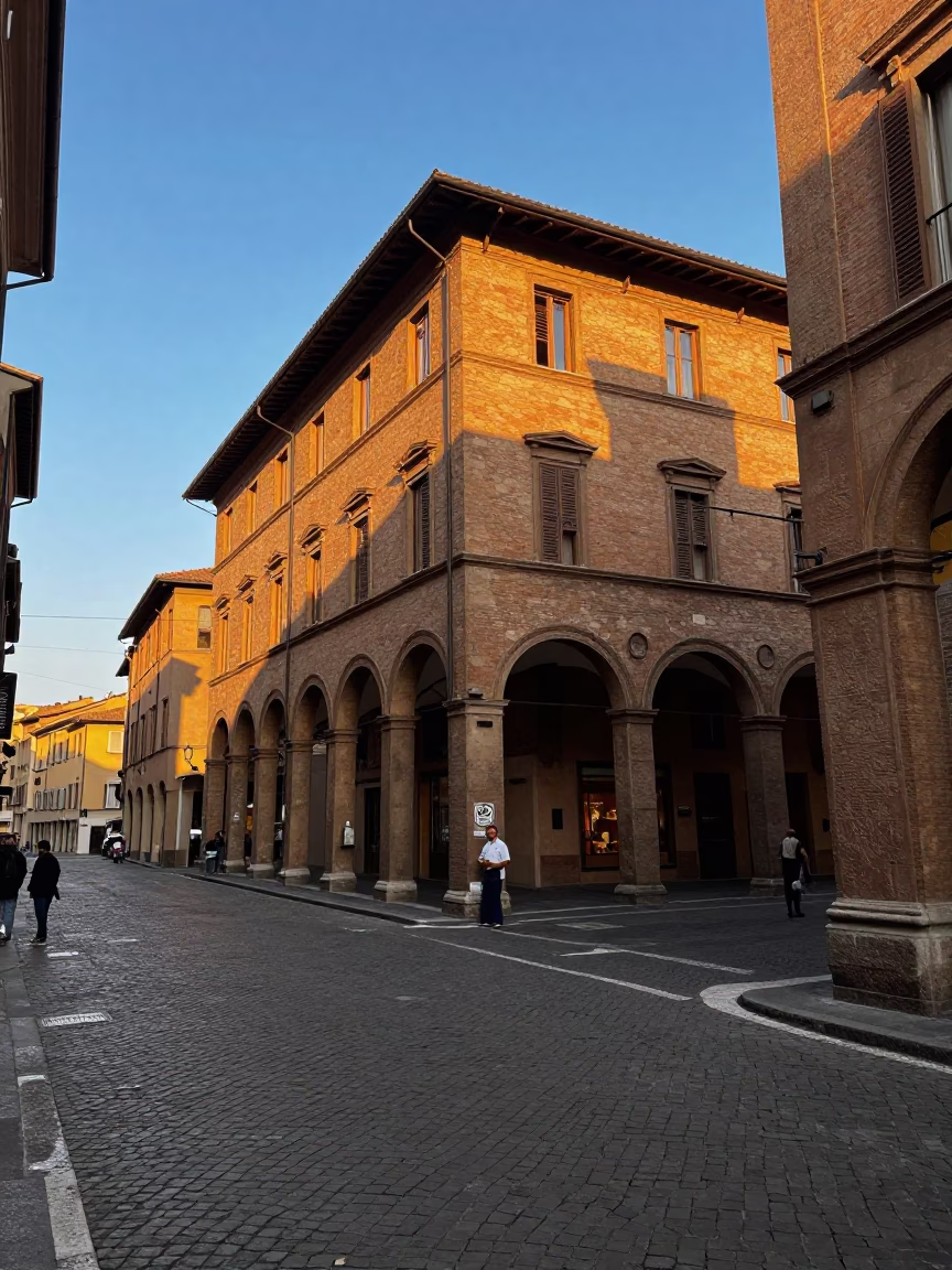 Busy Bologna Street Corner Late Afternoon Light with Local Vendor and Pedestrians in in Bologna, Italy