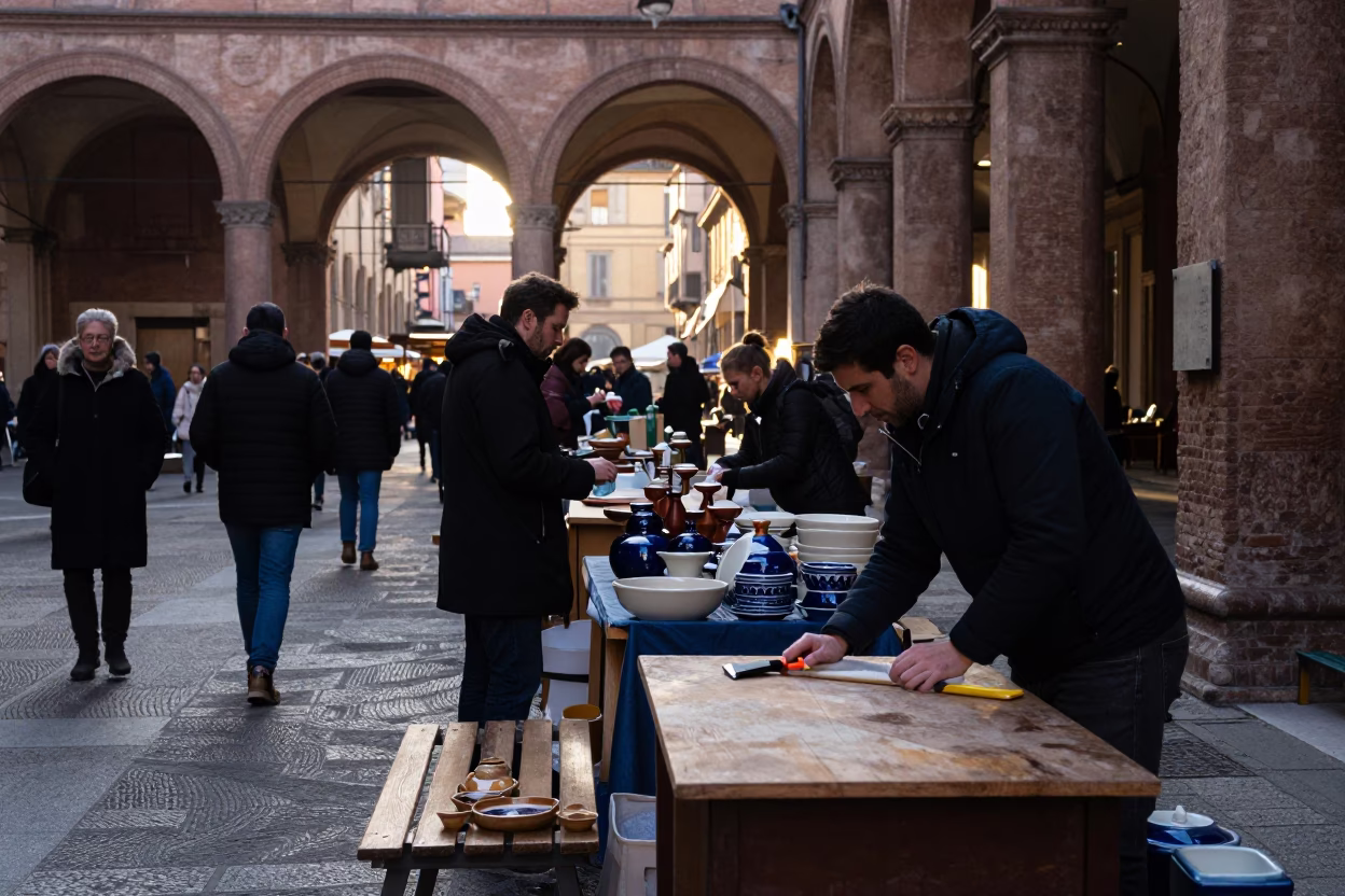 Busy Bologna Street Market at Dawn with Glazed Ceramic and Steaming Pipes in in Bologna, Italy