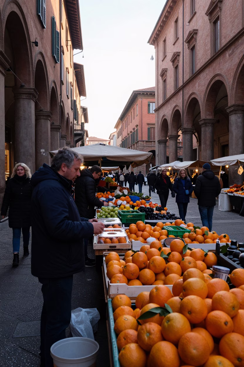 Busy Bologna Street Market at Dawn with Vendor and Coiled Rope in in Bologna, Italy