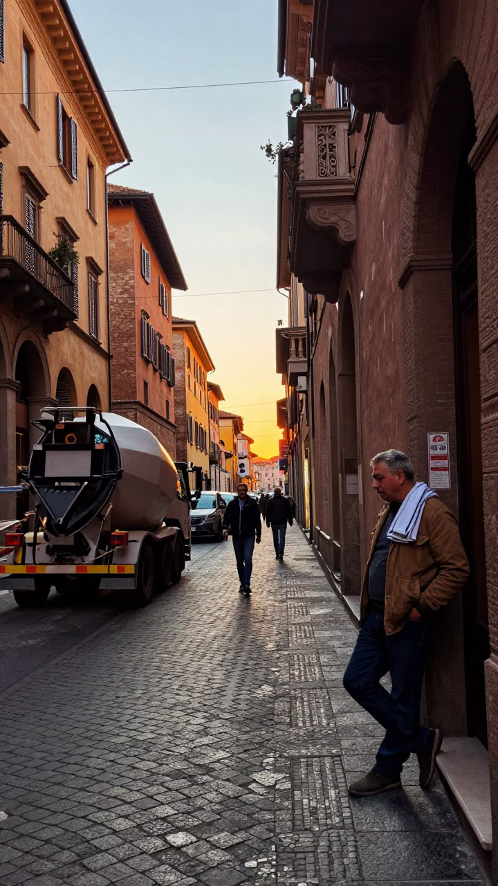 Busy Bologna Street Scene at Sunset with Construction and Local Life in in Bologna, Italy