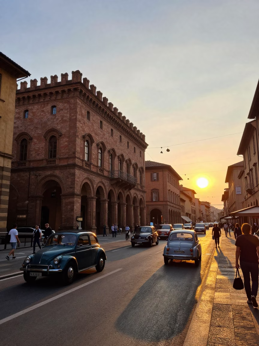 Busy Bologna Street Scene at Sunset with Vintage Cars and Historic Architecture in in Bologna, Italy