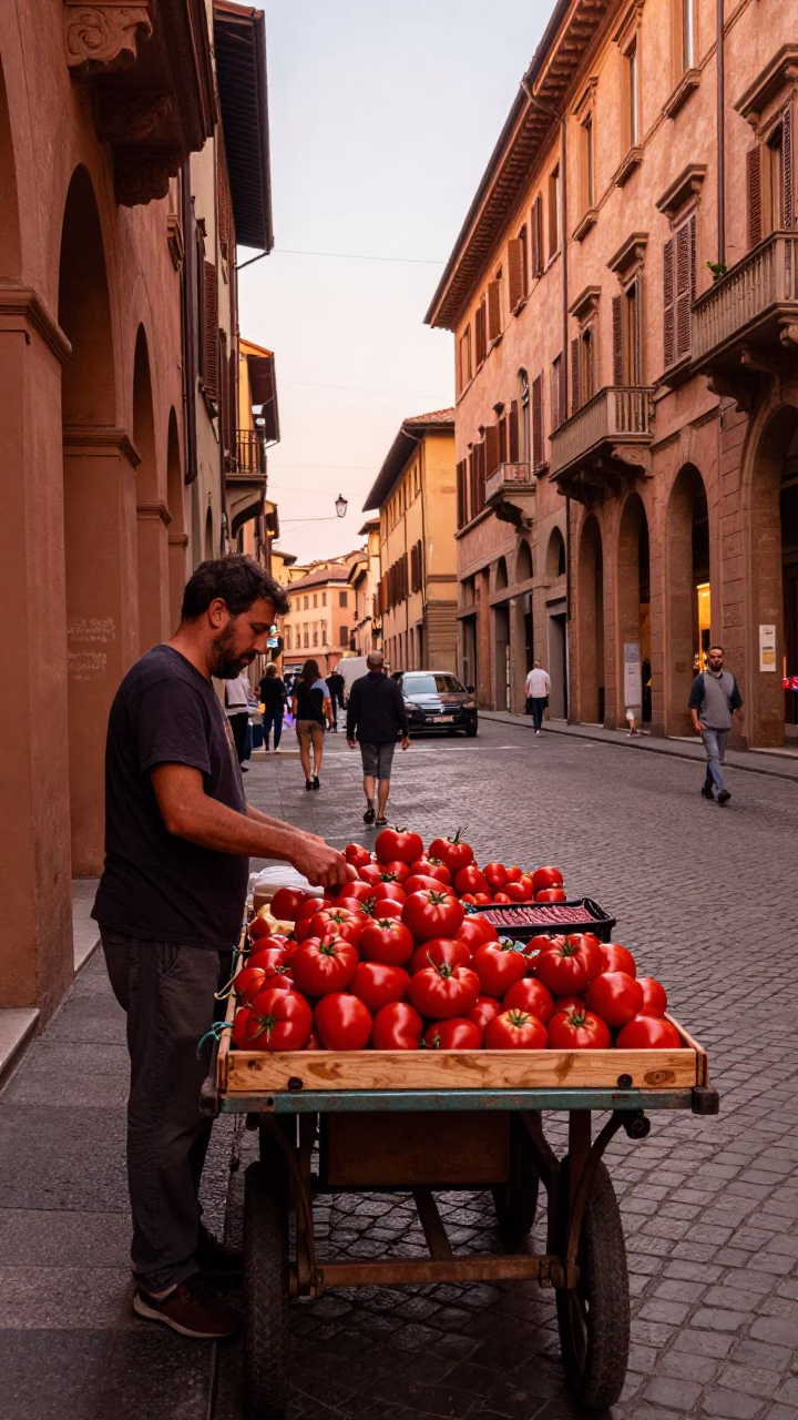 Busy Bologna Street Scene Before Dusk with Tomatoes and Local Interaction in in Bologna, Italy