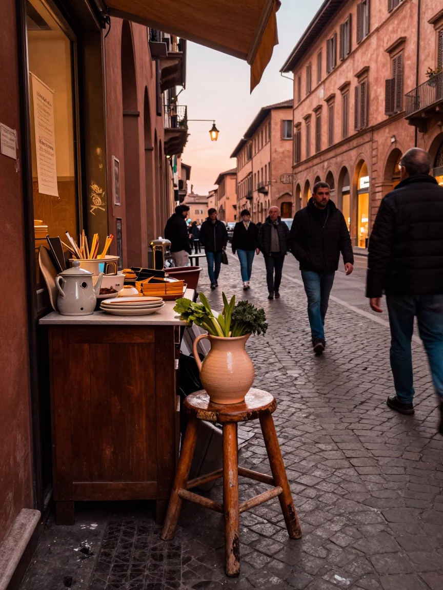 Busy Bologna Street Scene Before Dusk with Vintage Kitchen Stool and Pitcher in in Bologna, Italy