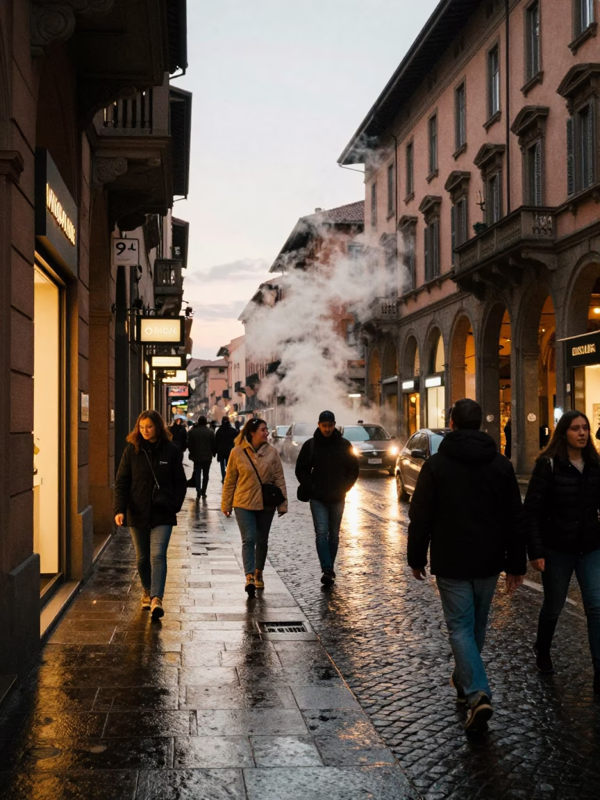 Busy Bologna Street Scene Early Evening with Steam and Hand Tools in in Bologna, Italy
