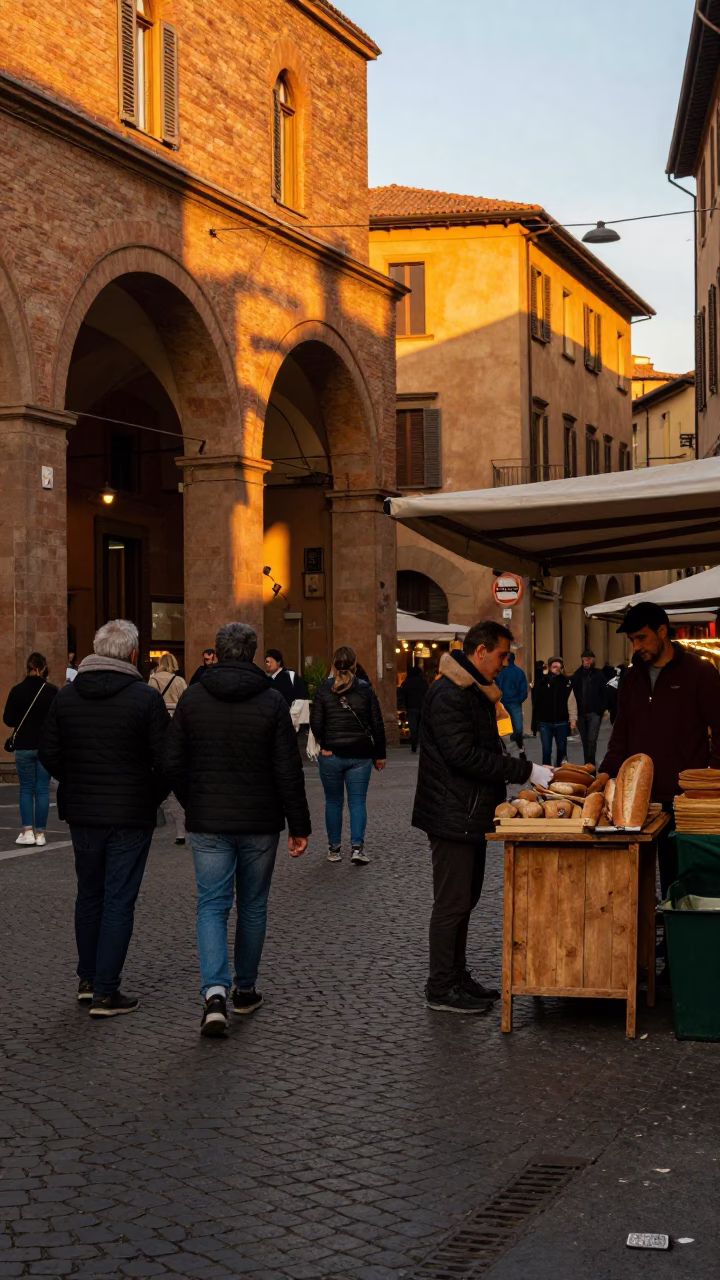 Busy Bologna Street Scene Honeyed Evening Light Local Market Activity in in Bologna, Italy