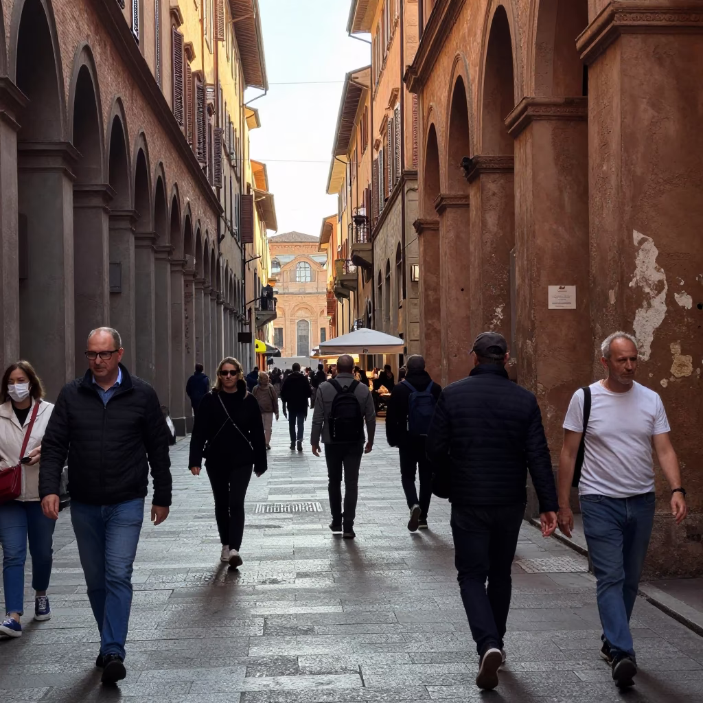 Busy Bologna Street Scene Late Morning with Pedestrians and Traditional Architecture in in Bologna, Italy