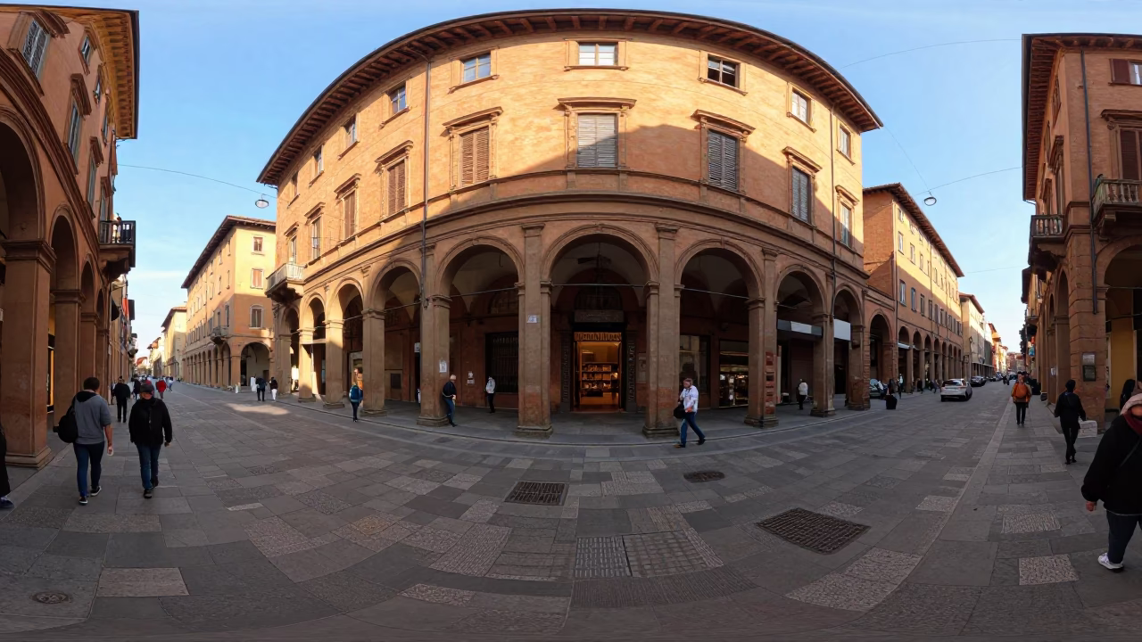 Busy Bologna Street Scene Late Morning with Traveler Documents and Cobblestone Architecture in in Bologna, Italy