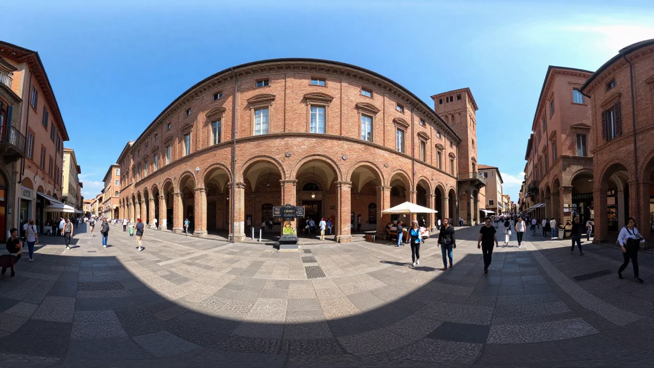 Busy Bologna Street Scene Under Flat Noon Glare with Local Market Activity in in Bologna, Italy
